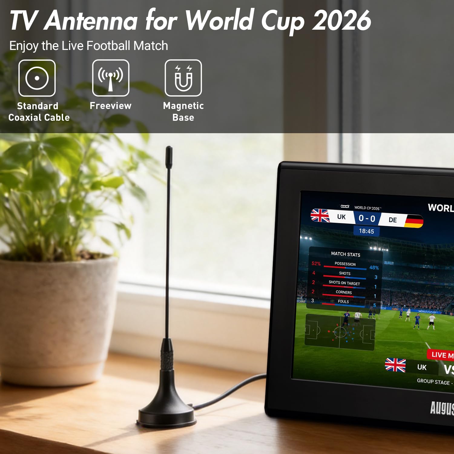 August DTA180 Przenośna antena telewizyjna, mini wewnętrzna antena Freeview HD do DVB-T2, tunerów USB, telewizorów 4K, dekoderów - podstawa magnetyczna, kabel koncentryczny 1,5 m, czarna