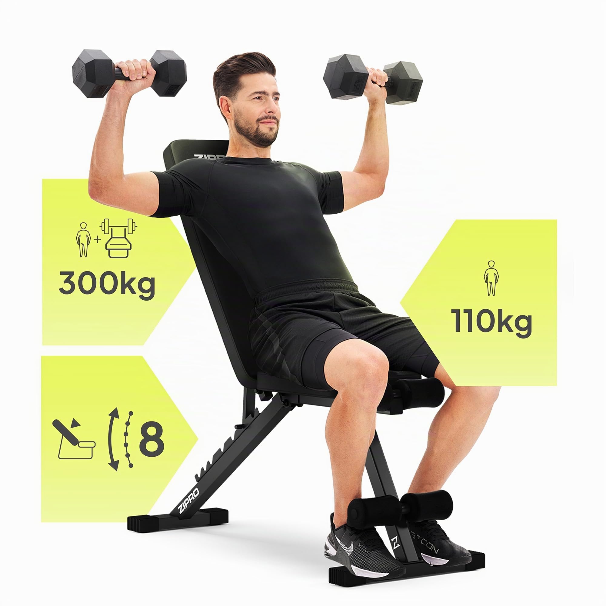 ZIPRO Panca Palestra Multifunzione Pesi Addominali Regolabile Fitness Schienale 7 Livelli Seduta Inclinabile Declinabile Robusta 300kg Banco Allenamento Domestico Casa Full Body - Stride Nero