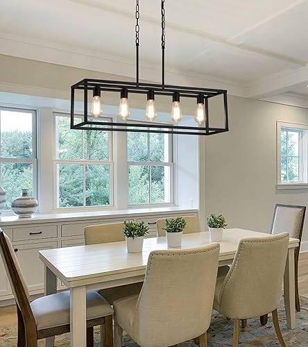 Miniatura 6 de AMZASA Lámpara rectangular negra para isla de cocina, lámpara industrial rectangular moderna para comedor 5 luces lineal vintage jaula luminarias UL