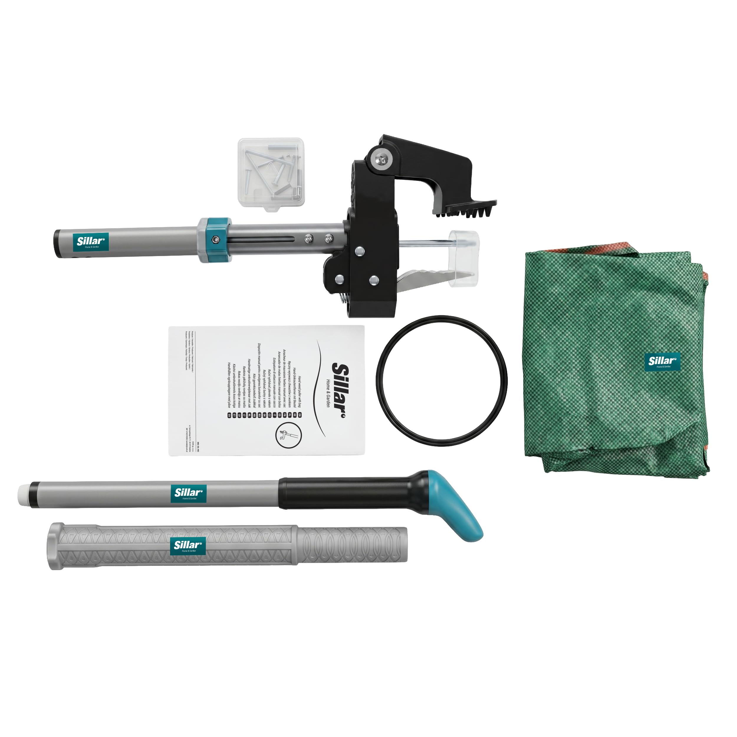 Sillar Désherbeur Manuel Télescopique 99,5–117 cm + Sac de Jardin 50L, Arrache Mauvaise Herbe avec Griffes en Acier & Éjecteur, Arrache Pissenlit pour Pelouse, Jardin et Massifs