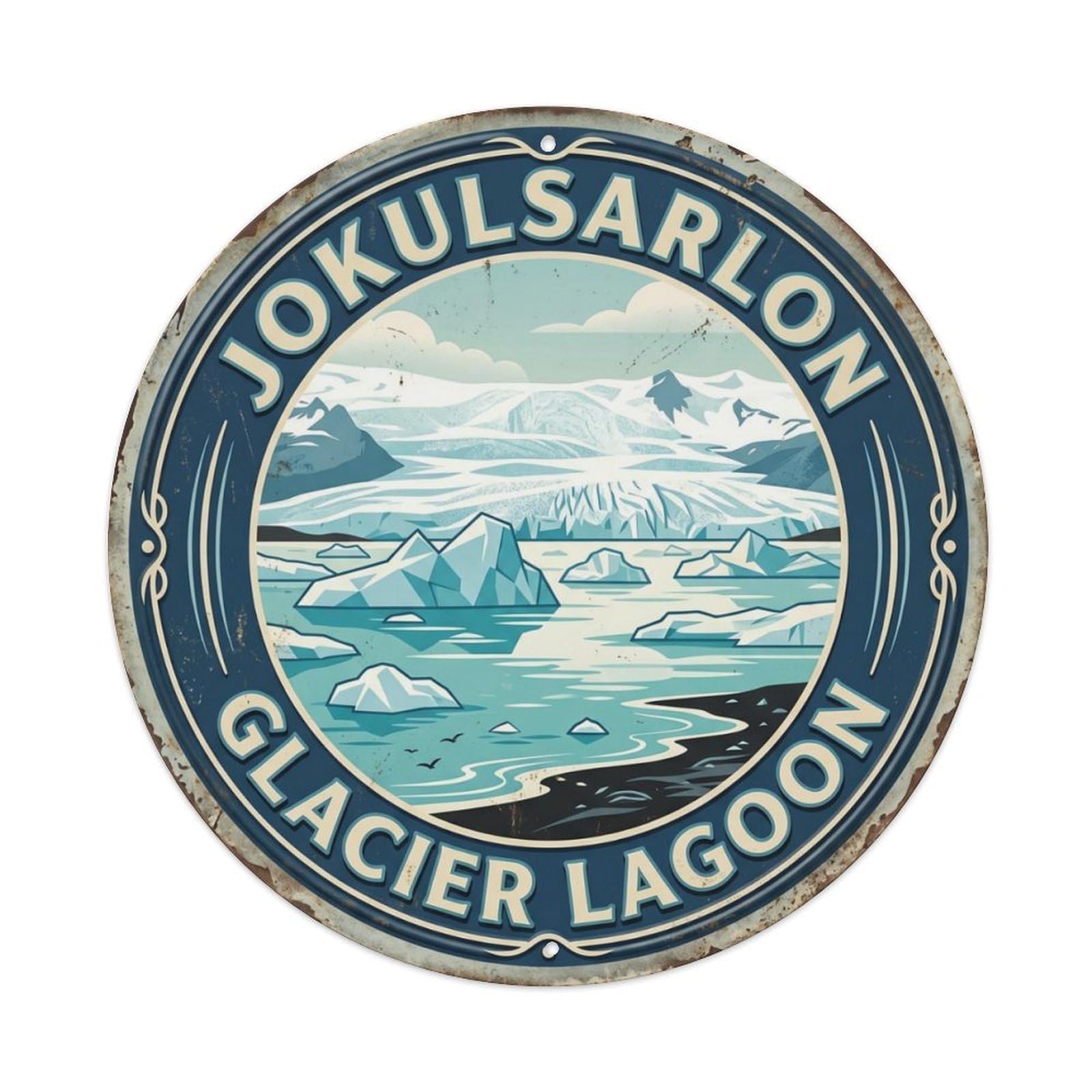 Jokulsarlon Glacier Lagoon Iceland Ice Metal Tin Sign Plaque Wall Decor for Cafe, Club Bar, Office, Home Garden Round Metal Poster 8x8Inch