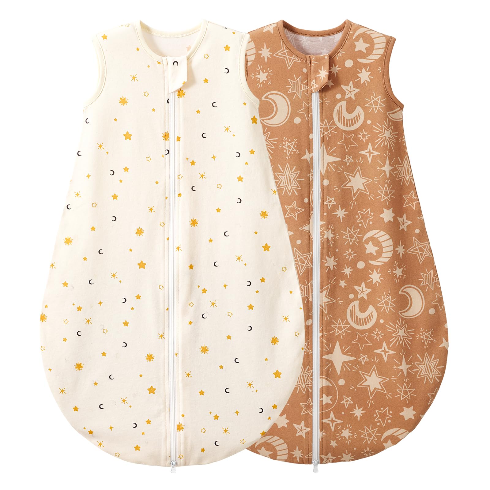 Duomiaomiao 2er Pack Baby Schlafsack,0.5 Tog Ganzjahres Jungen Schlafsack, Leichter hochwertiger Baumwoll-Mädchen Schlafsack, geeignet für Kinder im Alter Von 6 Monaten bis 5 Jahren(Beige Sterne/S)