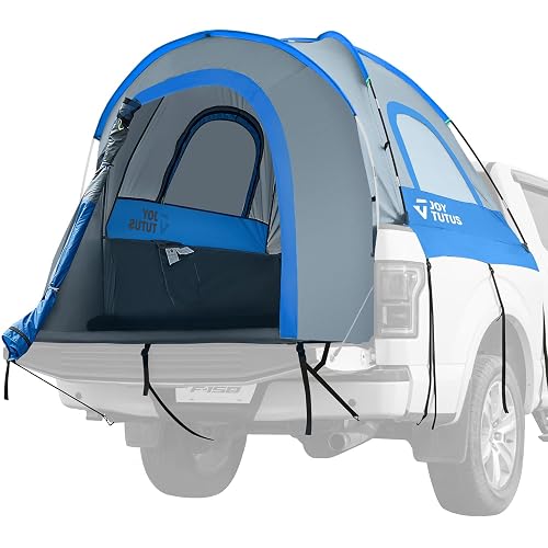 JOYTUTUS Truck Tent, Portable Truck Bed Tent for 5.5'-5.8' with Rainfly, Truck Tent with Fiberglass Pole, Waterproof PU2000mm Double Layer for 2 Person - Blue