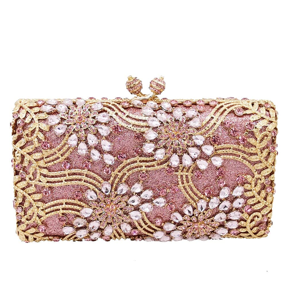 Boutique De FGG Pochette da sera da donna con fiori di cristallo, borsetta e borsetta da sposa per cena, rosa, S, rosa, Small