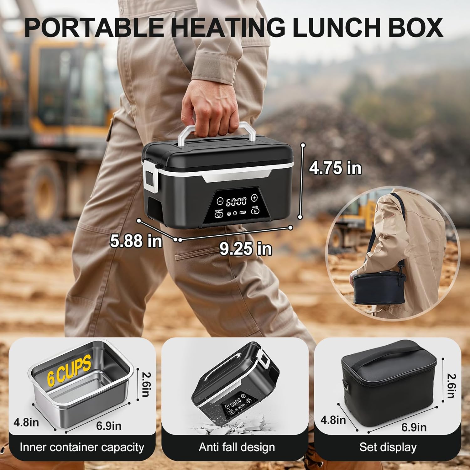 Cordless Heated Lunch Box For Adults, 1.5L (6 Cups) Rechargeable Electric Lunch Box Battery Powered With Scheduled Heating, Automatic Heating,Portable Food Warmer With Insulated Bag (Black)