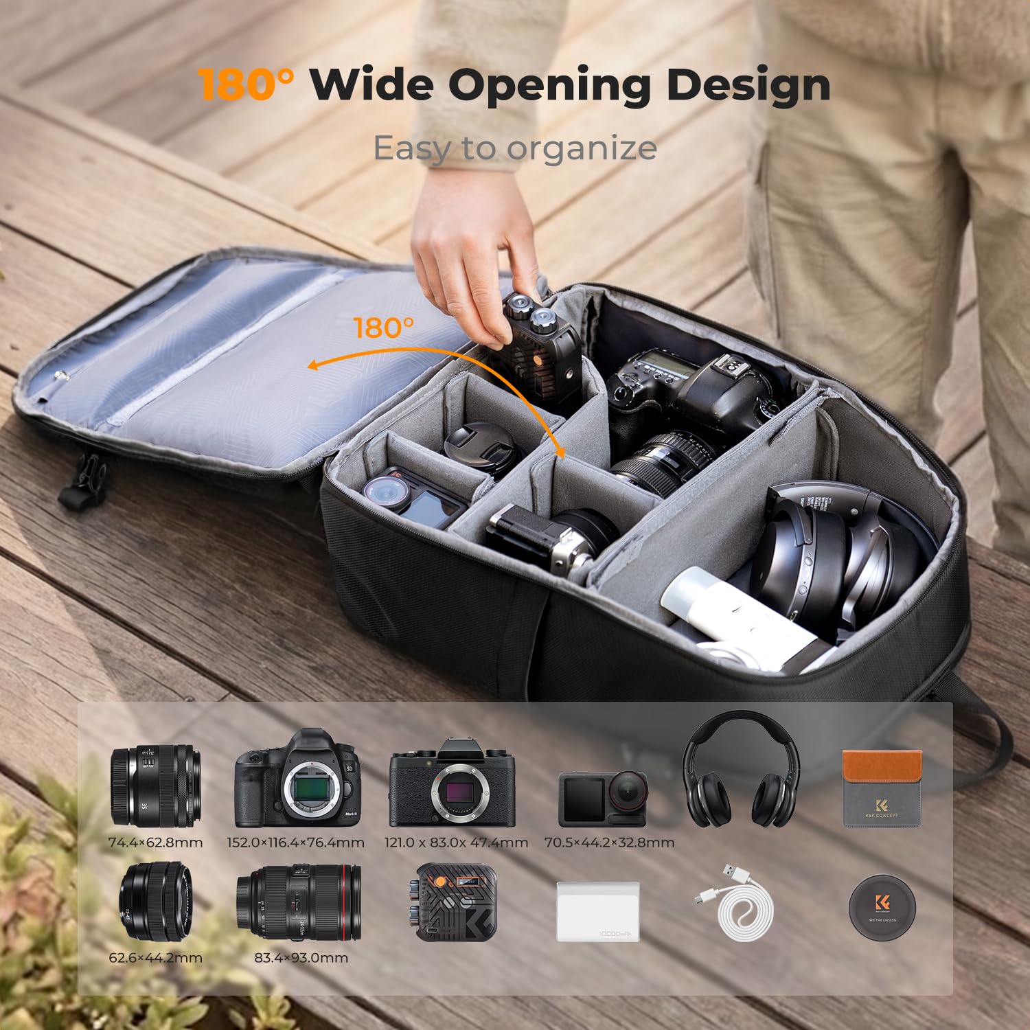 K&F CONCEPT Kamerarucksack 25L Leichter | Regenschutz und herausnehmbarer Trennwand Kameras Stativ Fotografie Videografie