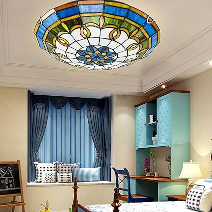 WDBZTJ Tiffany-Plafondlamp, Dimbare LED-Plafondlamp Met Gebrandschilderd Glas, E27-Lamp, Kroonluchters in Europese Pastorale Stijl Verlichting Voor Woonkamer, Slaapkamer, Badkamer, Hal,L,12 inch photo 2