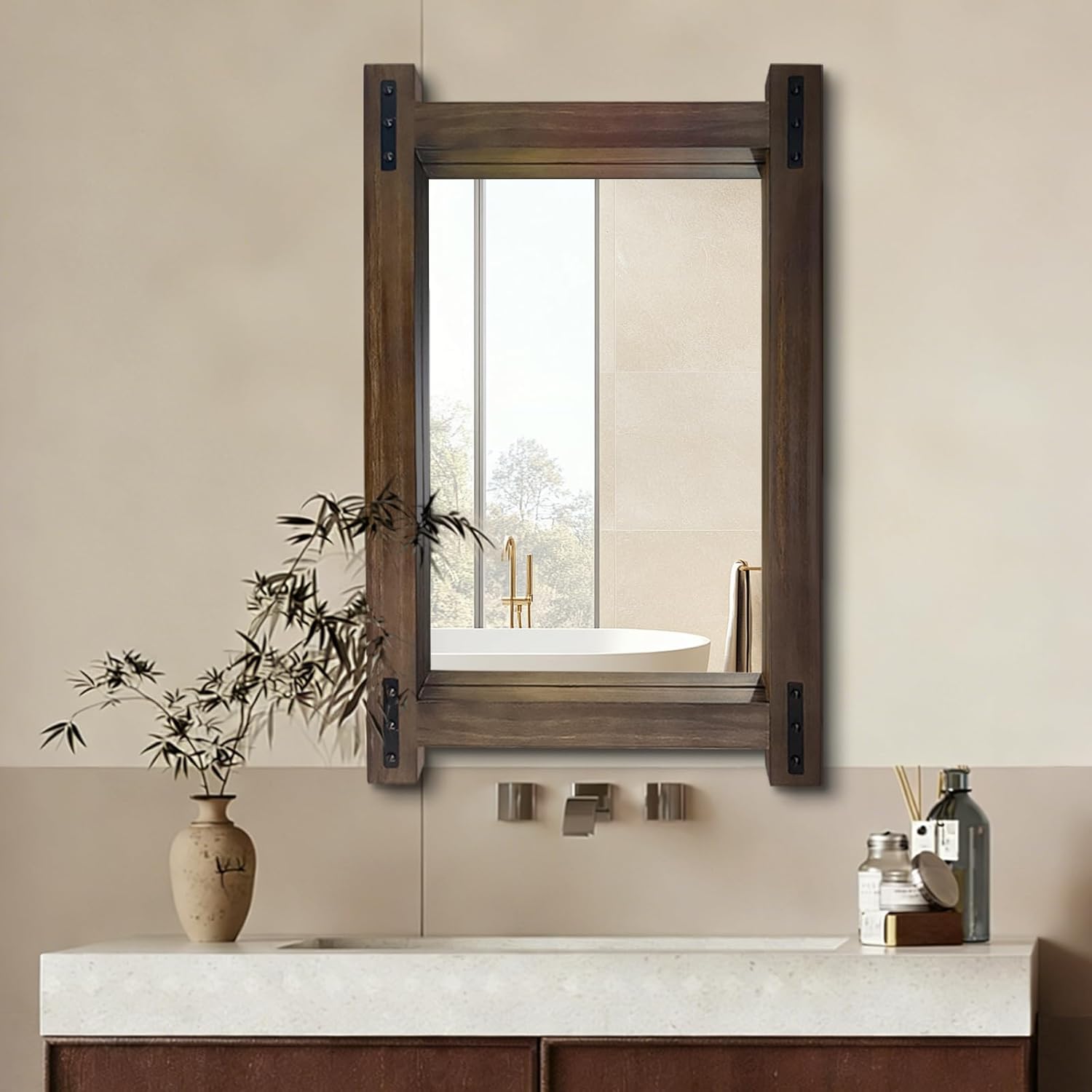 Rustic Wood Bathroom Mirror 36"x24" Farmhouse Wall Hanging Vanity Mirror Decorative Wall Mounted Mirrors for Bedroom Entryway Living Room