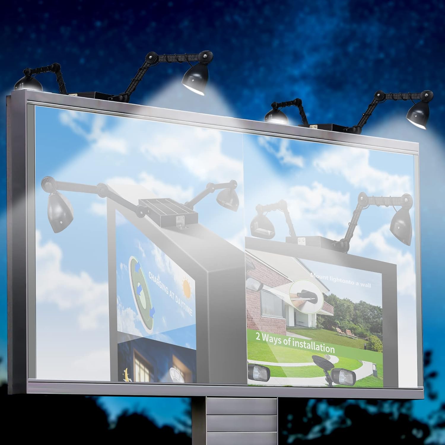 Commercial Solar Sign Light,5.5V 5.2W Solar Panel & Metal Aluminum Lamp Heads, Billboard Light 3.7 Volts 5200 mAh (Double-Head floodlighting)