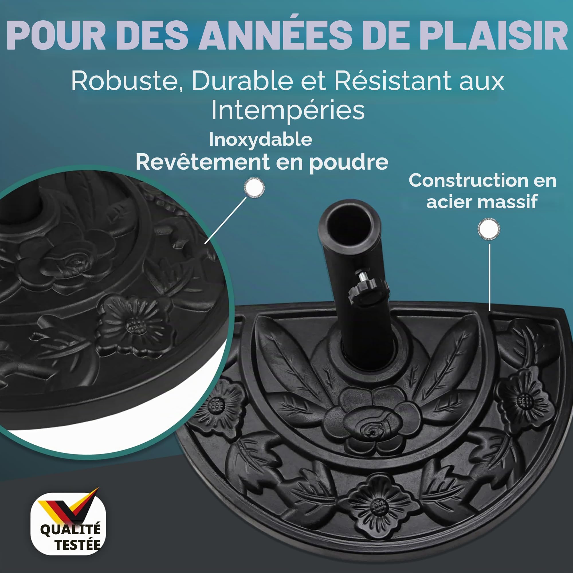 Deuba Demi-Pied de Parasol Noir Demi-Cercle Aspect Fonte Vintage et Motifs Floraux