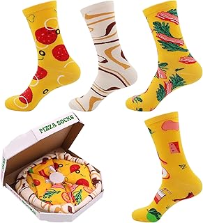 PIZZA SOCKS BOX-4 Pairs Food Socks MIX Hawaii Italian Pepperoni Cotton Socks Funny Novelty Cute Funky Crazy Design Cotton Socks Birthday Christmas Gifts for Men Women