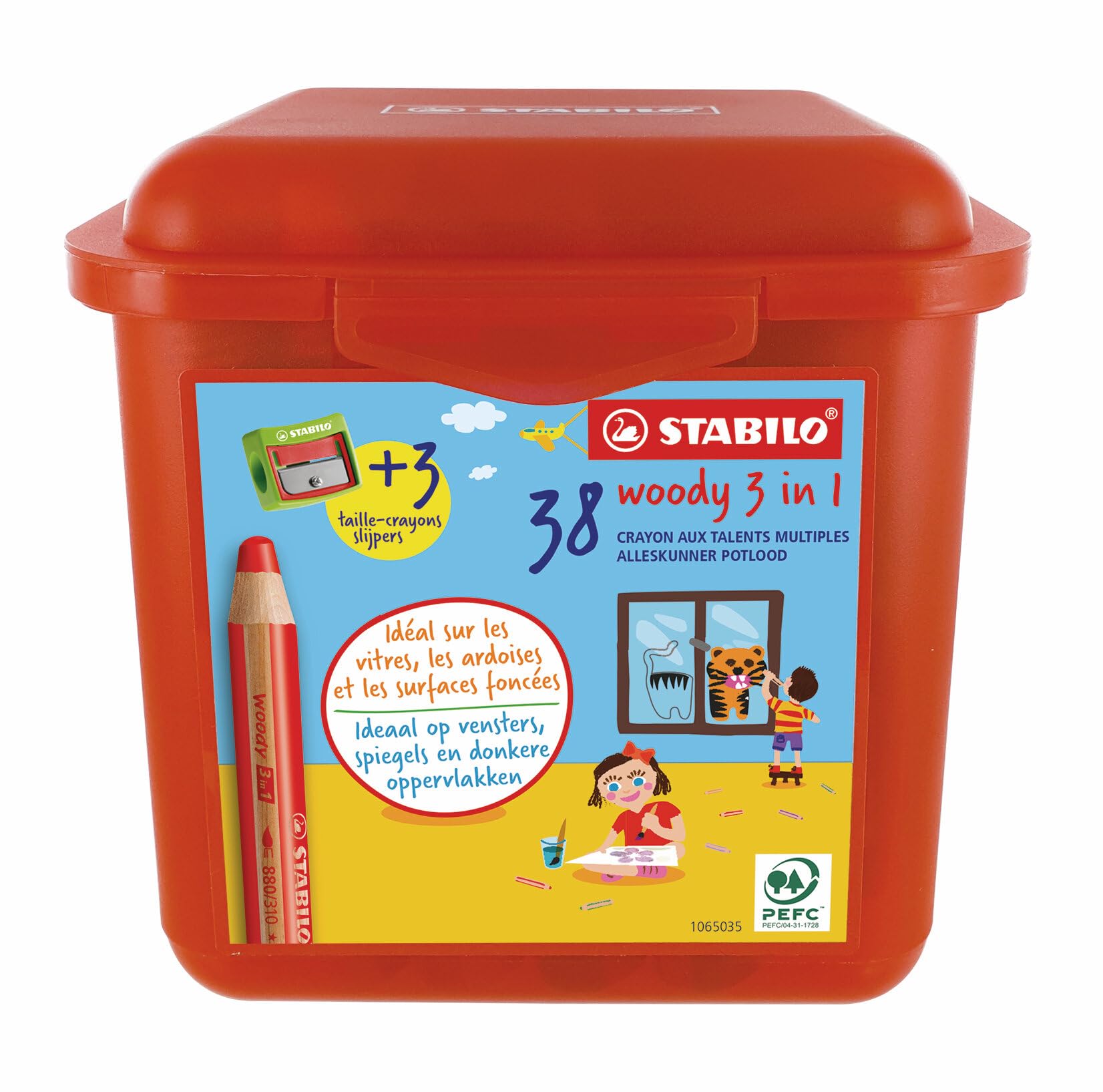 STABILO Woody 3-in-1 Buntstift, Wasserfarbe & Wachsmalkreide – 38er Box (13 Farben) mit 3 Spitzer