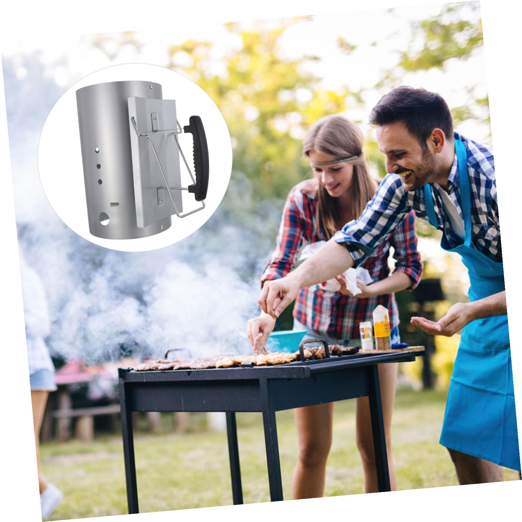 NOLITOY Accendifuoco per Barbecue e Stufa a Carbone Barilotto di Accensione Ventilato per Grigliate All'aperto, Accendifuoco a Ciminiera in Acciaio Zincato Manico in Nylon per Avvio
