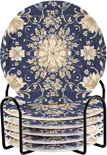 Posavasos florales ornamentales vintage para bebidas, 8 posavasos con soporte, posavasos absorbentes para tipos de tazas, mesa de madera, decoración