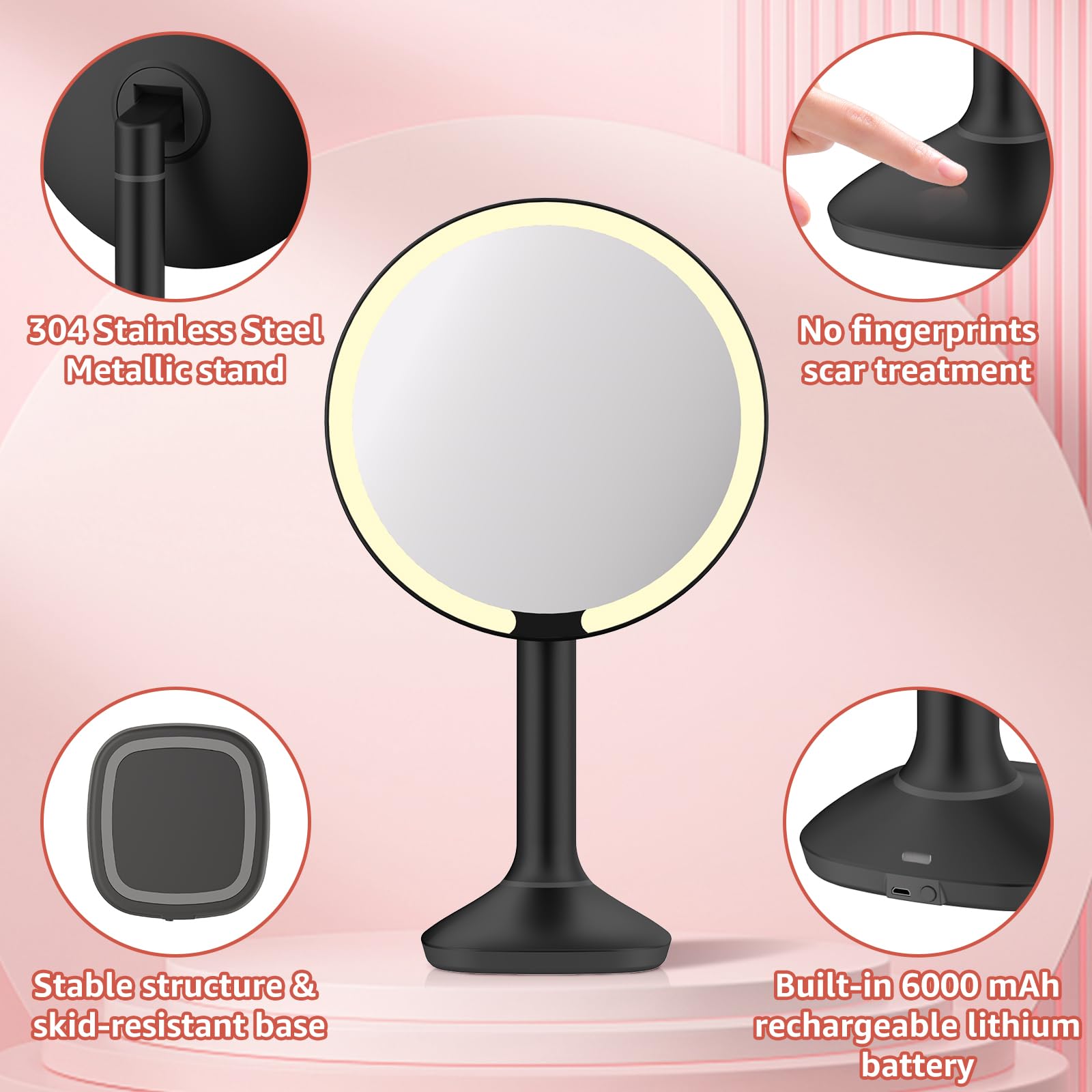 Mbillion Espejo de aumento con luz 5X, espejo de maquillaje portátil para escritorio, mesa de sobremesa, ajuste multiángulo, recargable para dormitorio, viajes (negro)