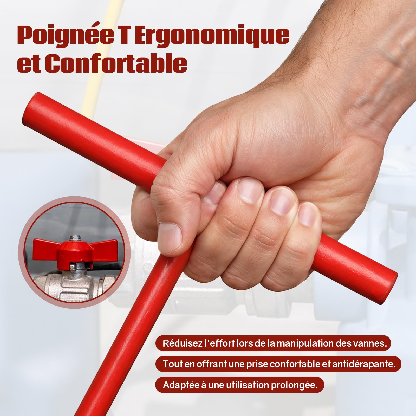 Clé Manœuvre Universelle pour Compteur Eau et Robinets, Rallonge de Vanne, Poignée T Longue Métal Robuste, pour Ouverture Vannes Profondes, Espaces Confinés et Irrigation, 60cm