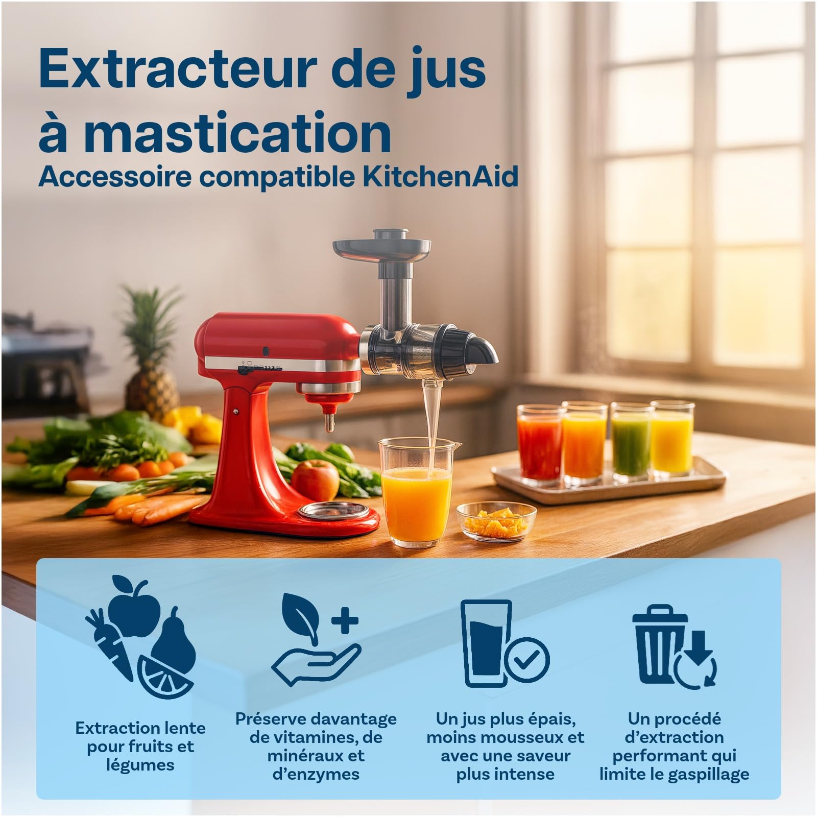 Extracteur de Jus pour KitchenAid von MMOBIEL – Accessoire de Slow Juicer à Froid, Extracteur de Jus de Fruits et Légumes – Avec Poussoir Alimentaire & Brosse de Nettoyage