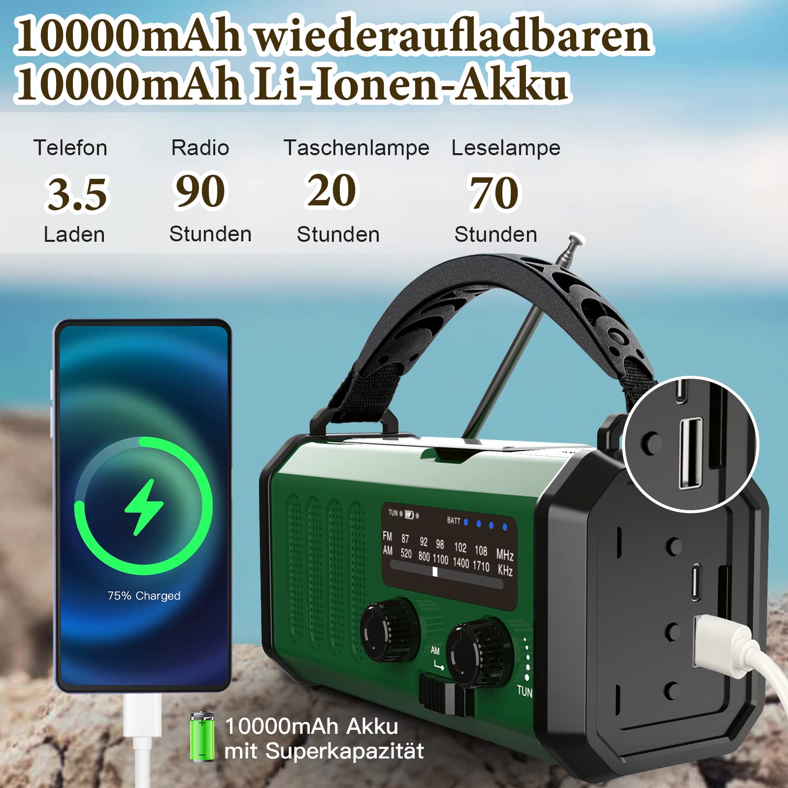 Radio a manovella, 10000 mAh, con manovella di emergenza, FM/AM portatile, radio di emergenza Dynamo Radio ricaricabile con funzione di ricarica del cellulare, torcia a LED, lampada da lettura
