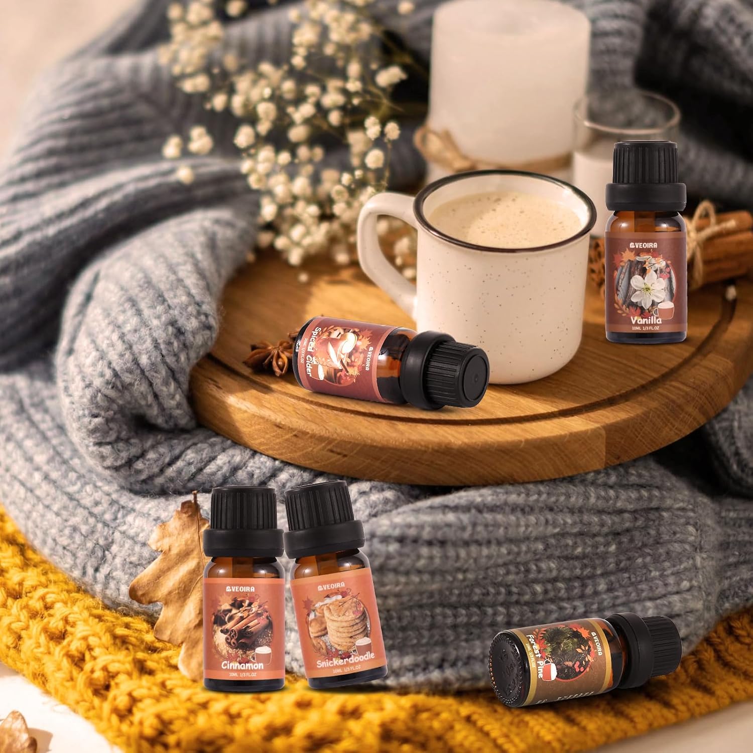 Autumn Fragrance Oils Set, AVEOIRA Fall Essential Oil Set for Diffuser, Candle, Soap Making, Pumpkin Spice, Forest Pine, Spiced Cider, Cinnamon, Vanilla, Snickerdoodle, Scented Oils, 6x10ml - Image 8