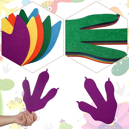 Miniatura 3 de Tegeme 40 calcomanías de fieltro con huellas de dinosaurio para el suelo, recortes de dinosaurios coloridos, huellas de dinosaurios extraíbles,