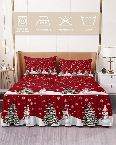 Miniatura 2 de Faldas de cama plisadas para cama King de 78 x 80 pulgadas, diseño de muñeco de nieve blanco y muñeco de nieve, minimalismo, decoración de invierno,