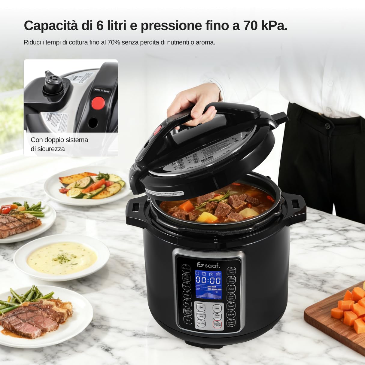 Saaf Multicooker – Set 11 Pezzi – 12 Programmi – Slowcooker, Cuociriso, Vaporizzatore & Pentola a Pressione – 6L – Include Coperchio, Pentola, Cucchiaio, Misurino & Ricettario – Display Digitale