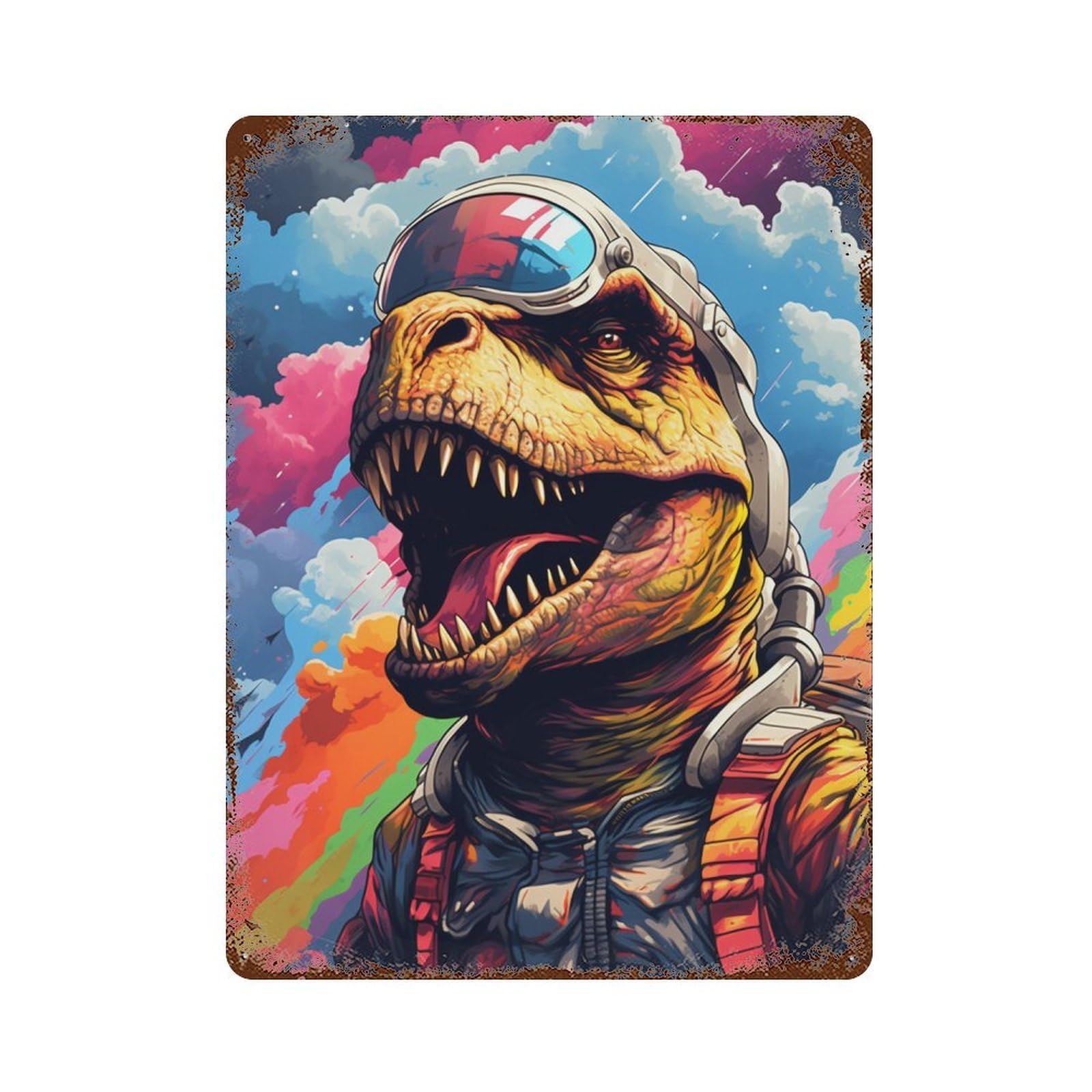 Dinosaur Astronaut in Space Decorative Tin Sign 15.7"x11.8", Retro Wall Decor for Garage, Pub Or Kitchen