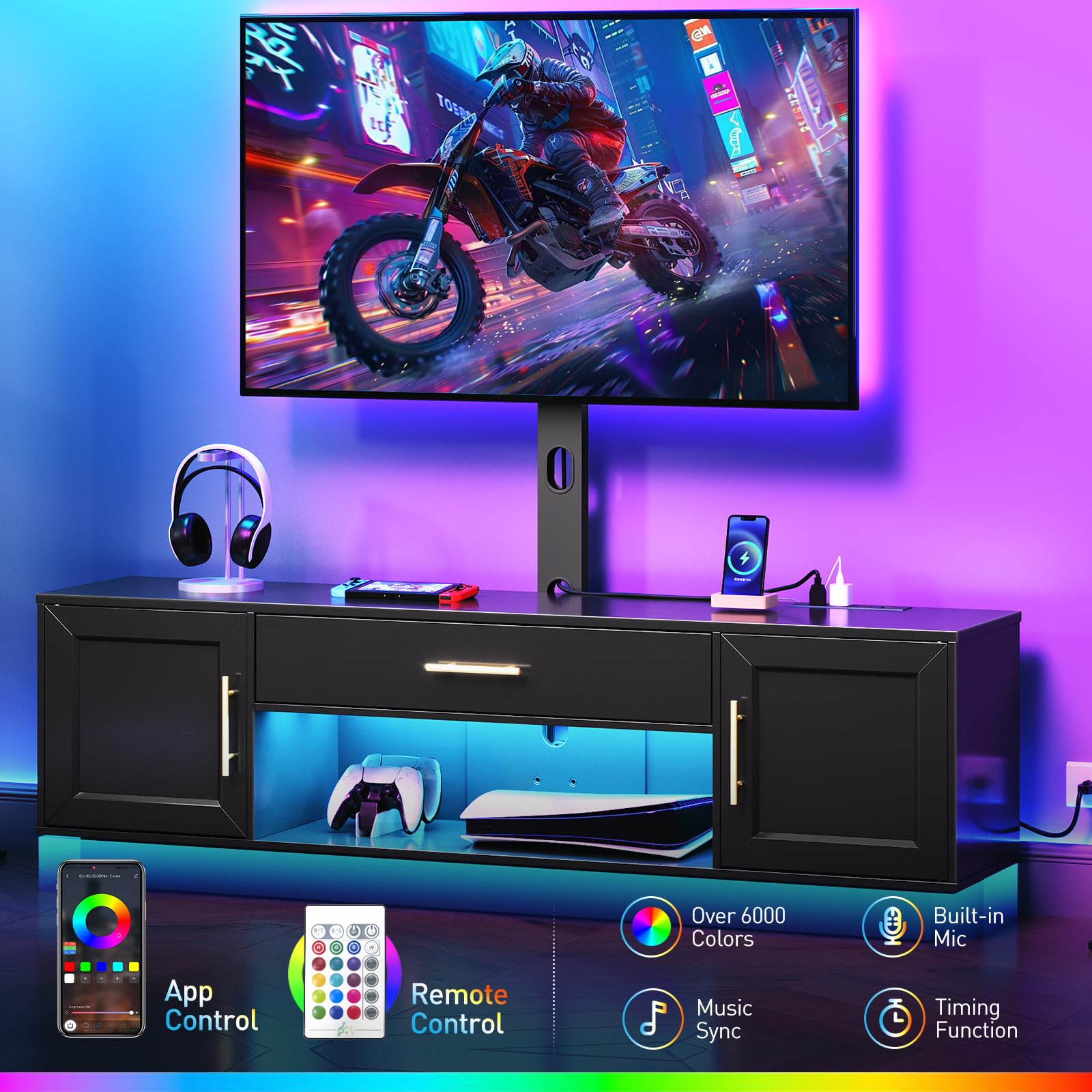 TV Stand with Mount Power Outlet 59.1", Swivel LED Entertainment Center for 32/45/55/60/65/75 inch TVs, Height Adjustable Modern Media Console Cabinet, TV Table for Living Room, Bedroom, Black