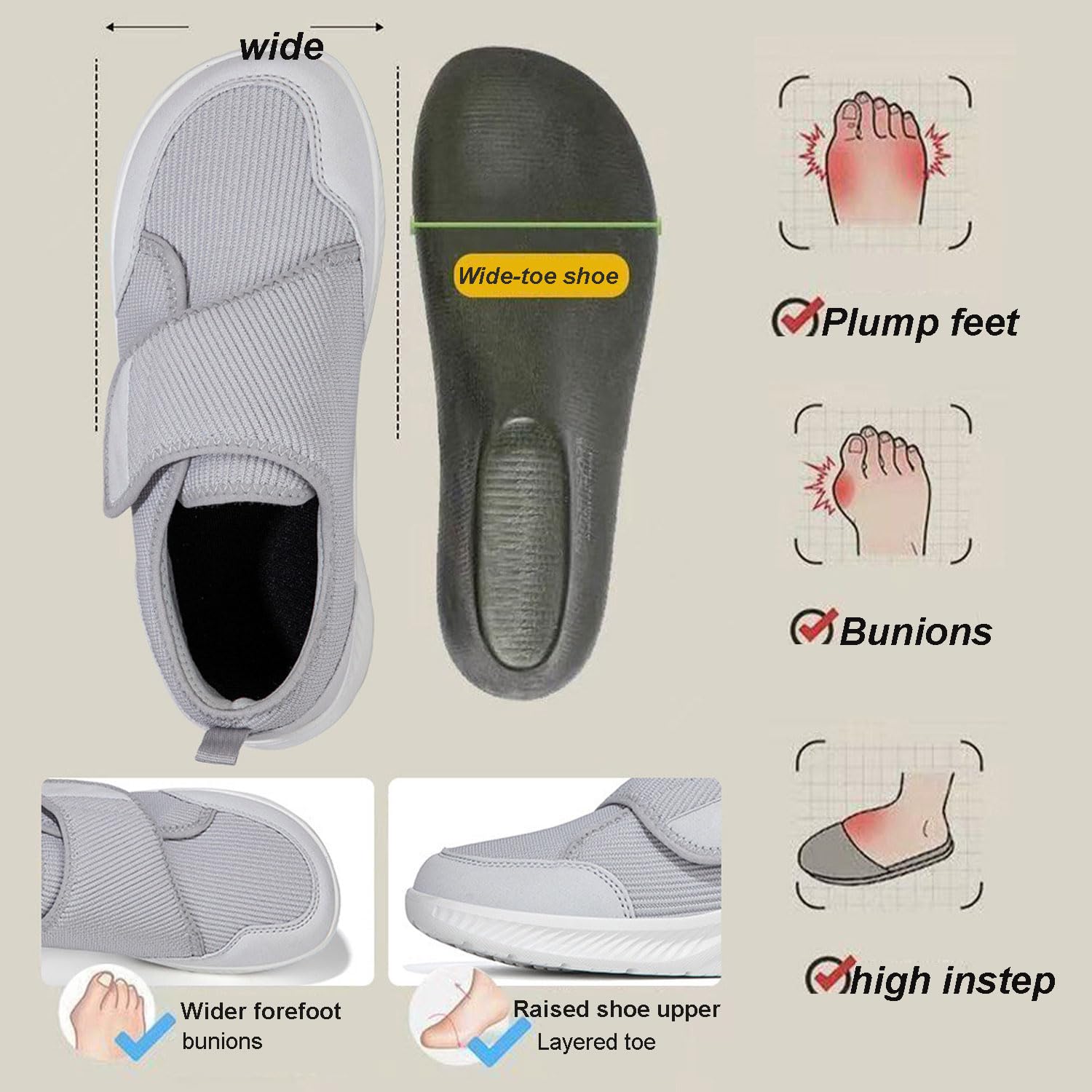Punta Larga Scarpe Diabetici per Uomo Donna Extra Larghe per Piedi Gonfi Ortopediche Sneaker Casual con Strappo Regolabile Leggere e Comodo Antiscivolo
