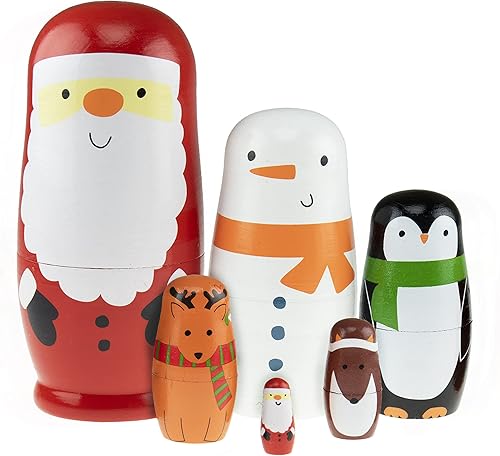 Clever Creations Juego de 5 muñecas de madera rusa de matrioska hecha a mano, decoración tradicional del hogar, cascanueces