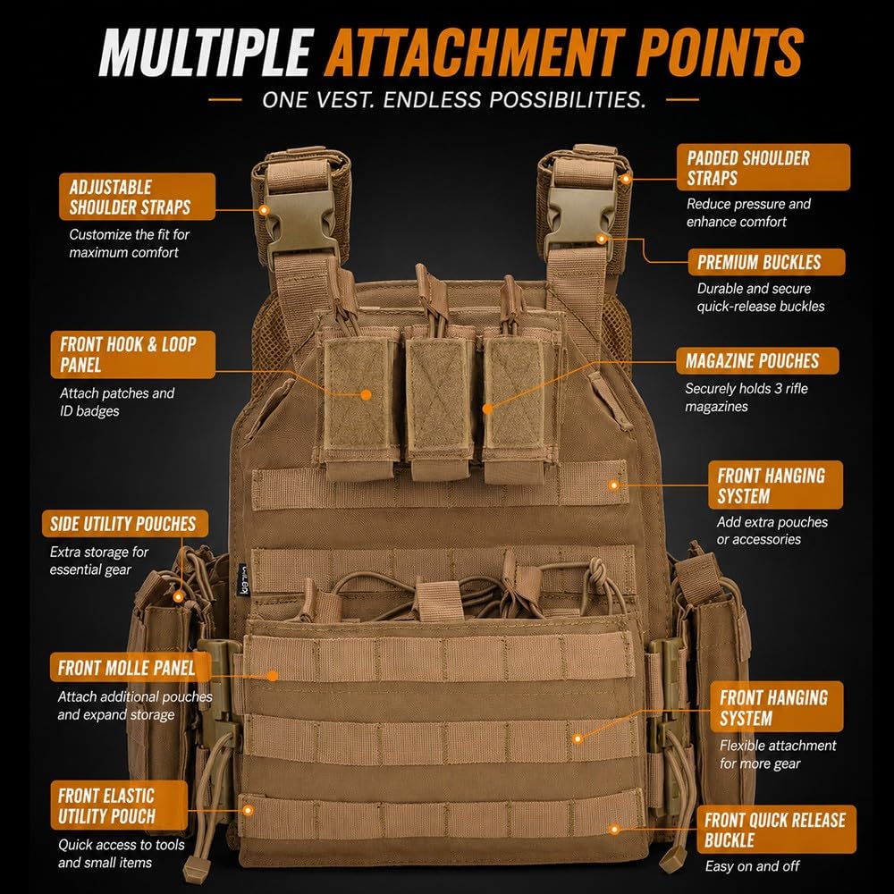 Chaleco Táctico Airsoft,Ajustable con Sistema MOLLE y Liberación Rápida, Chaleco Ligero con Bolsillos Modulares para Entrenamiento Outdoor Senderismo y Paintball