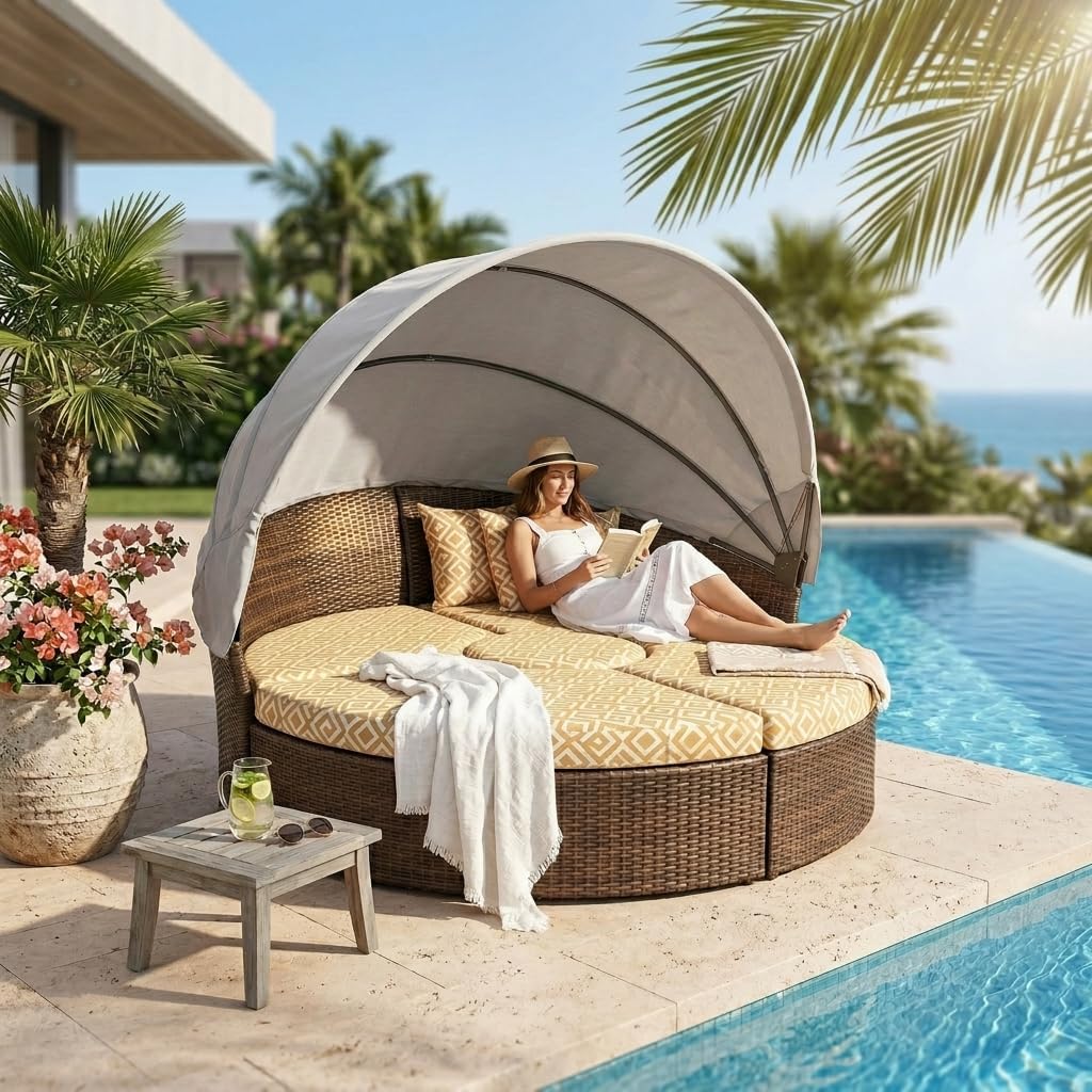 Patio Round Daybed Replacement Canopy, Retractable Top Cover for 66in Outdoor Rattan Wicker Sectional Porch Sunbed (Only Canopy) (Light Gray)