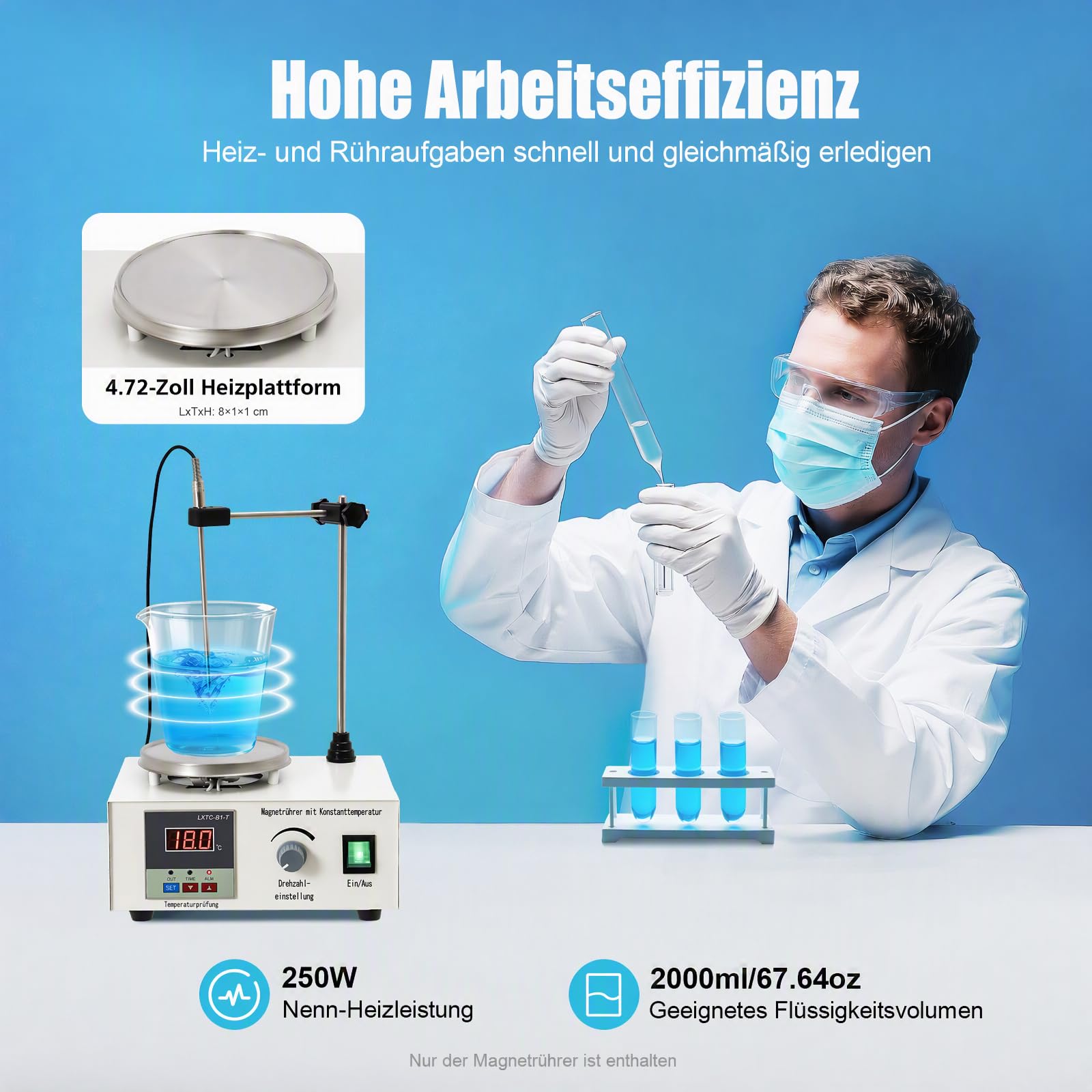 Magnetrührer Heizplatte 250W 2000ml 0-2000rpm Digital EU
