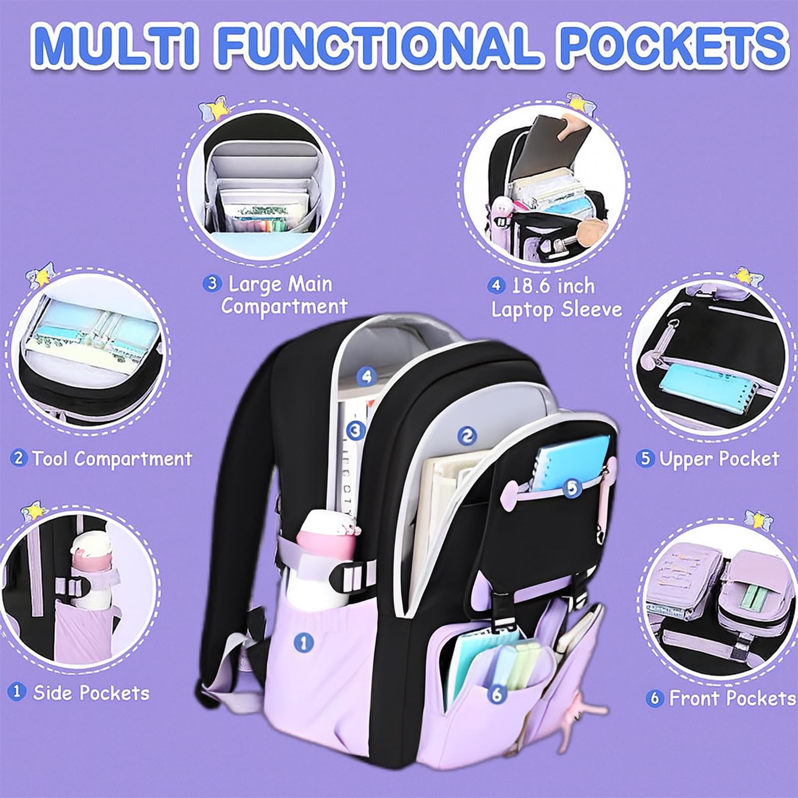 Elegante set di 3 zaini per la scuola per ragazze: impermeabile e leggero con borsa per il pranzo e astuccio, nylon di grande capacità