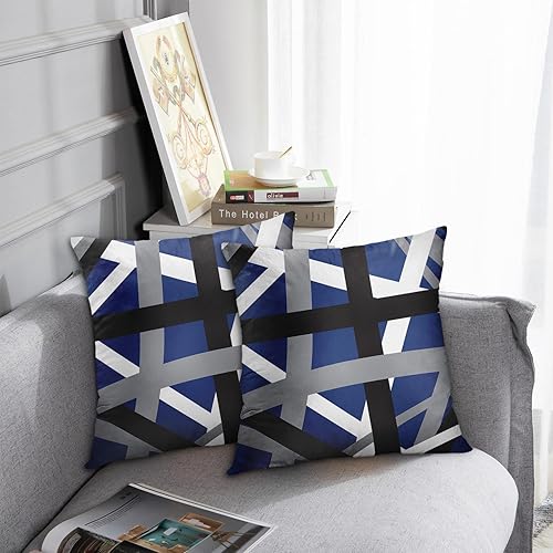 Miniatura 4 de Emvency Juego de 2 fundas de almohada con rayas azules y negras, diseño gris y blanco, funda de almohada decorativa retro, funda de almohada a rayas