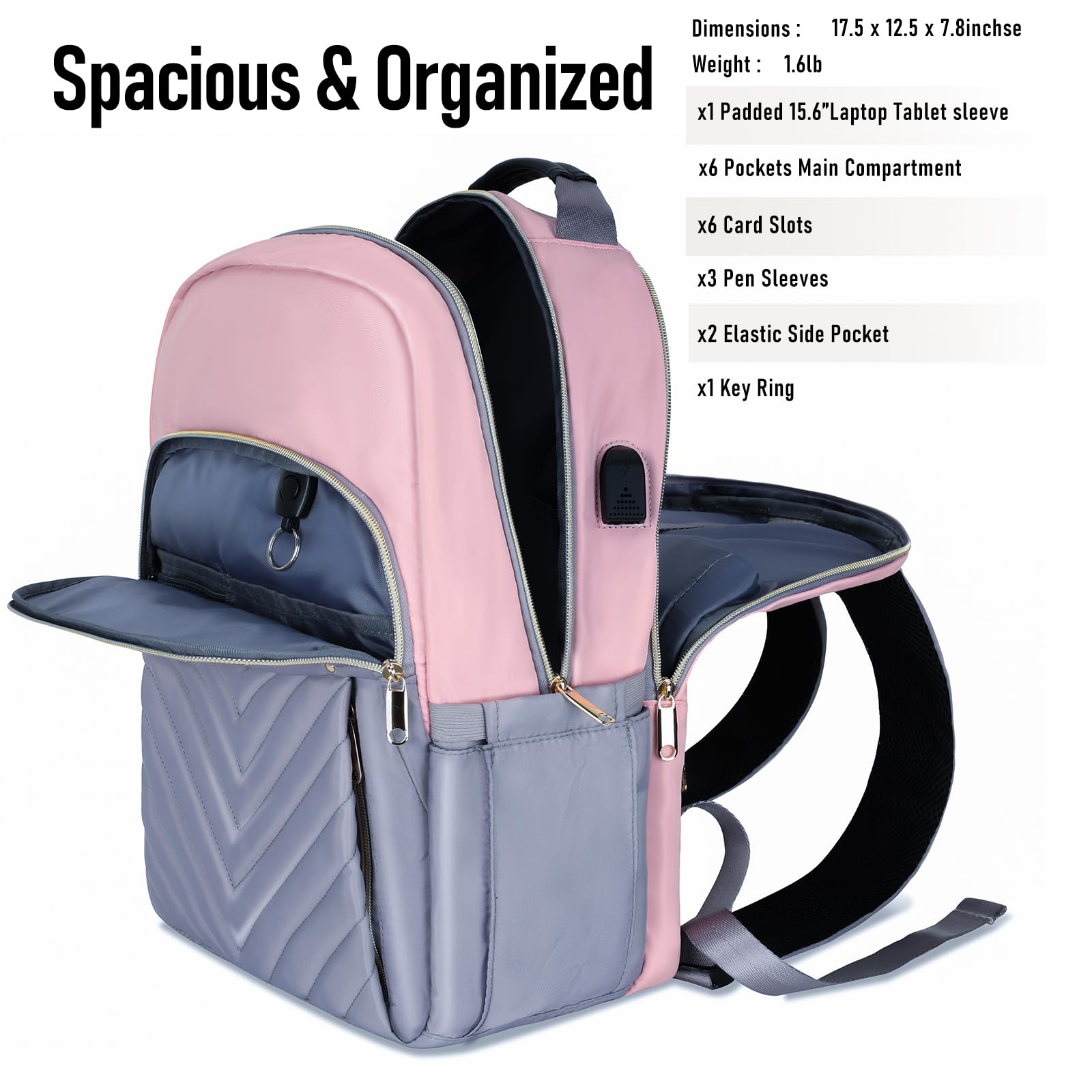 Pink Grey Mini Waterproof Daypack Backpack for Women with USB Port Travel Backpack for Women, Carry On Backpack with USB  main image 3