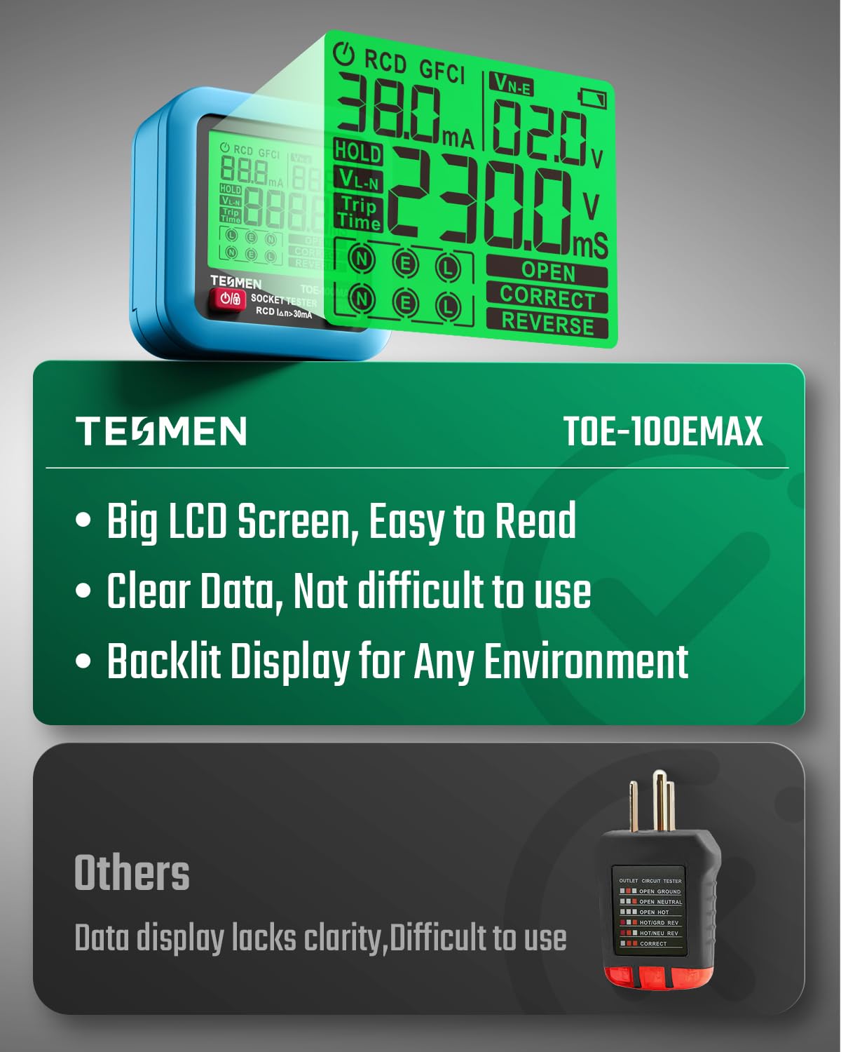 TESMEN TOE-100EMAX Electrical Socket Tester UK, Plug Outlet Tester with RCD Trip Time Test, Backlit LCD, Data Hold - Image 4