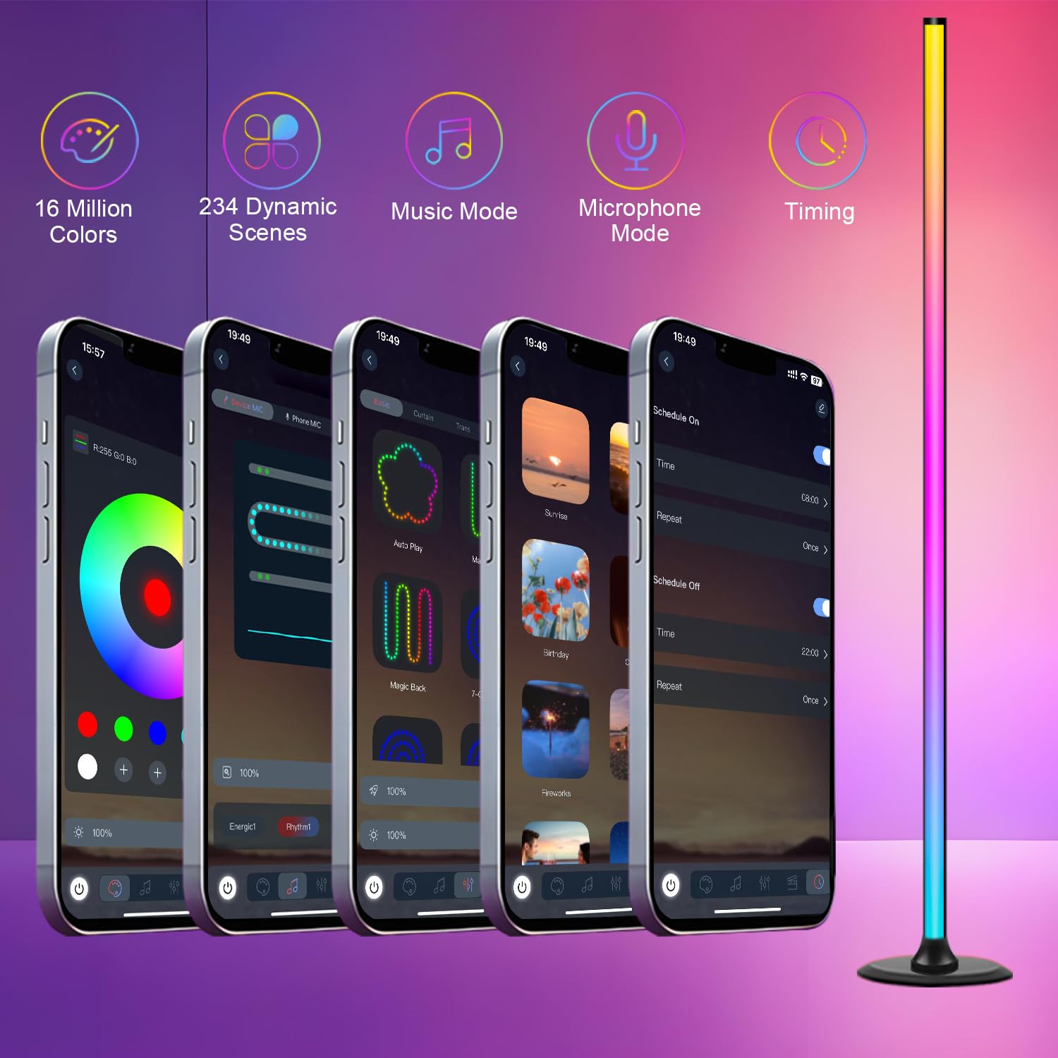 Lampe sur Pied LED 1 Pièces 1,2 m–Lampadaire Dimmable RGBW pour Salon avec Télécommande et Application,16 Millions de Couleurs,Sync musique,234 Modes Dynamiques,33 Modes Thématiques–Noir