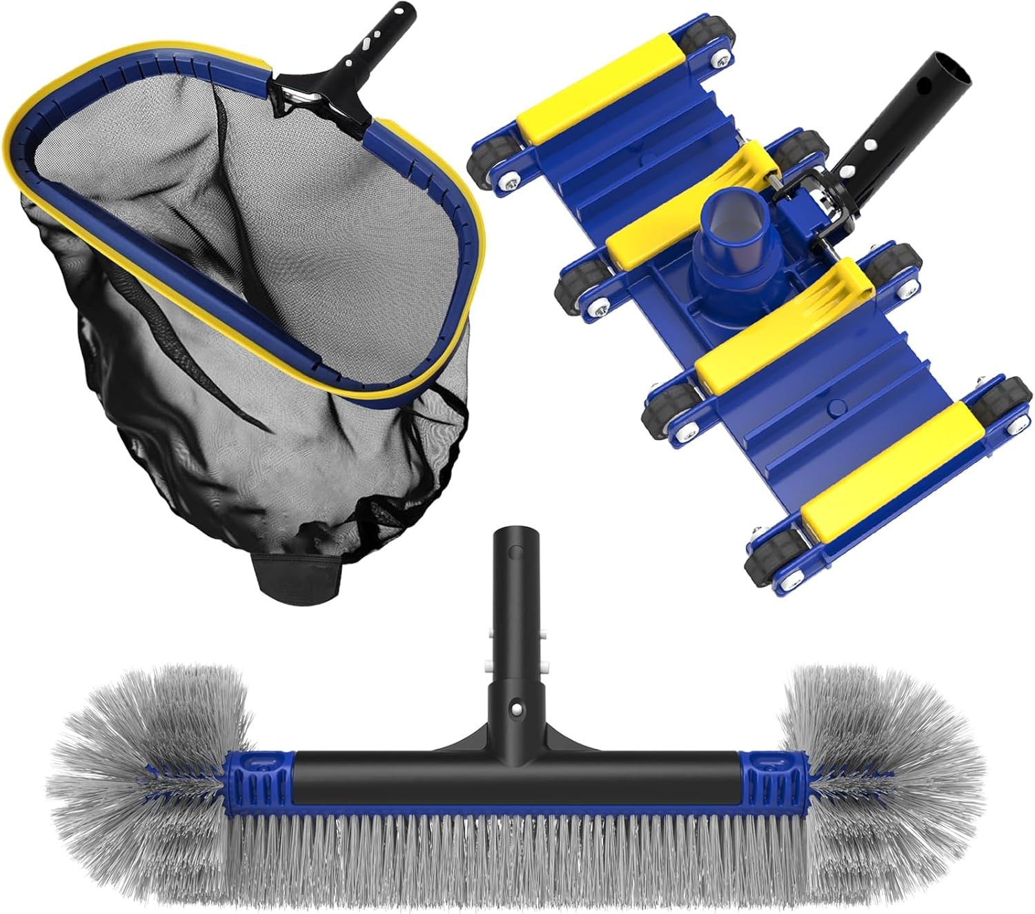 Poolvio Deluxe Swimming Pool Cleaning Kit Including Skimmer Net, 2-in-1 Pool Brush & Weighted Vacuum Head with Wheels for Above Ground & Inground Pools (No Pole)