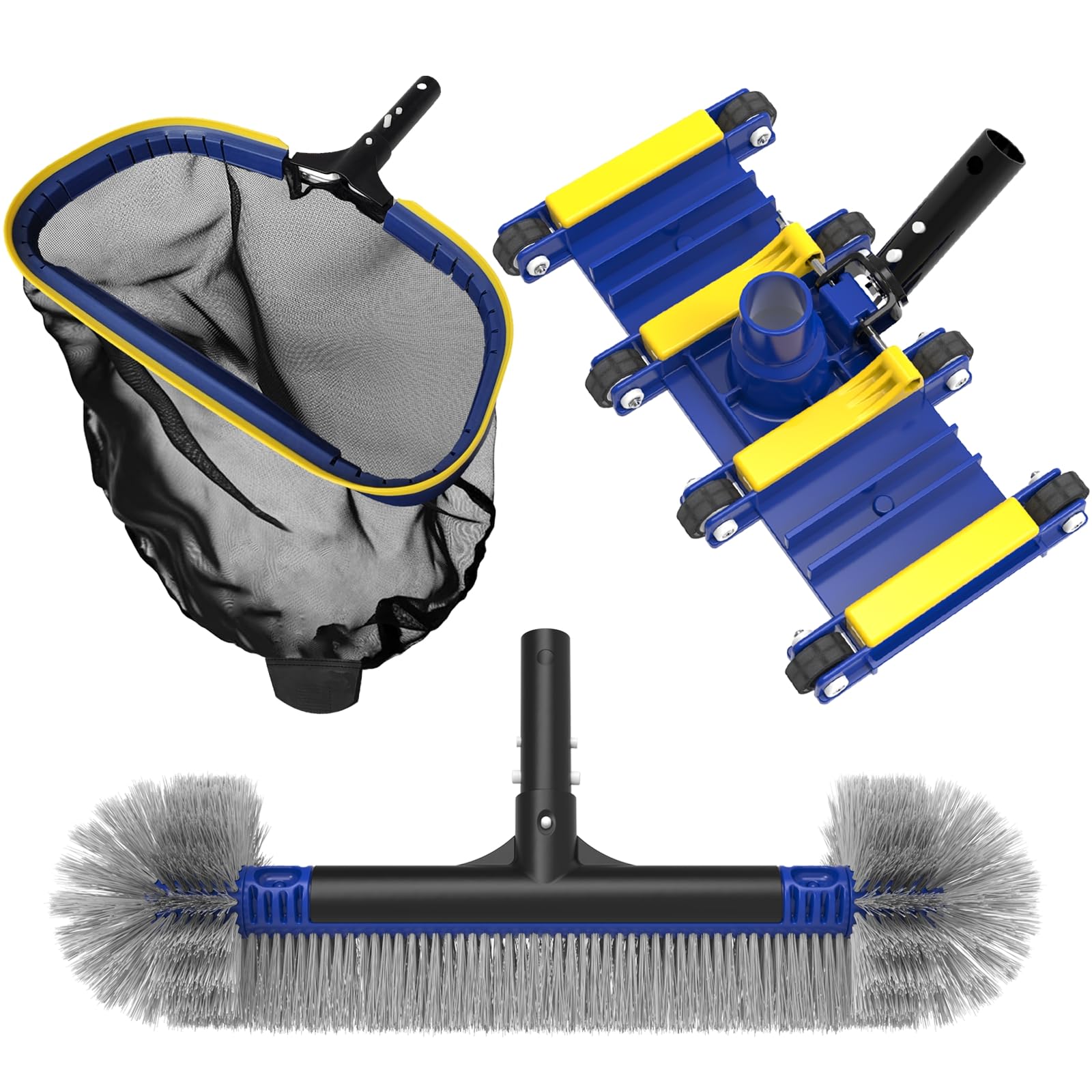 Poolvio Deluxe zestaw do czyszczenia basenu łącznie z siatką na skimmer, szczotką basenową 2 w 1 i obciążoną głowicą próżniową z kółkami do basenów naziemnych i inground (bez drążka)
