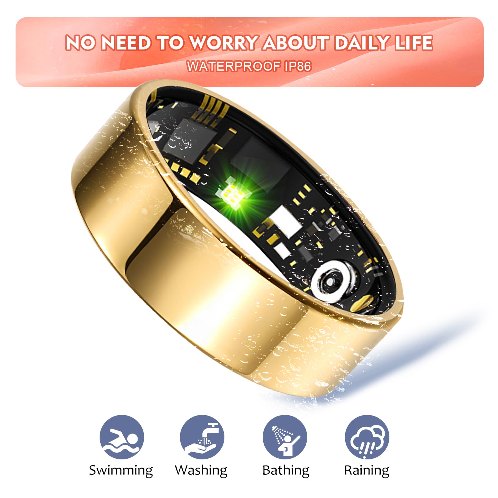 Smart Ring Health Tracker per donne e uomini, monitoraggio del sonno con frequenza cardiaca, SpO₂, pressione sanguigna, anello fitness per monitoraggio attività, senza abbonamento, anello Step Tracker
