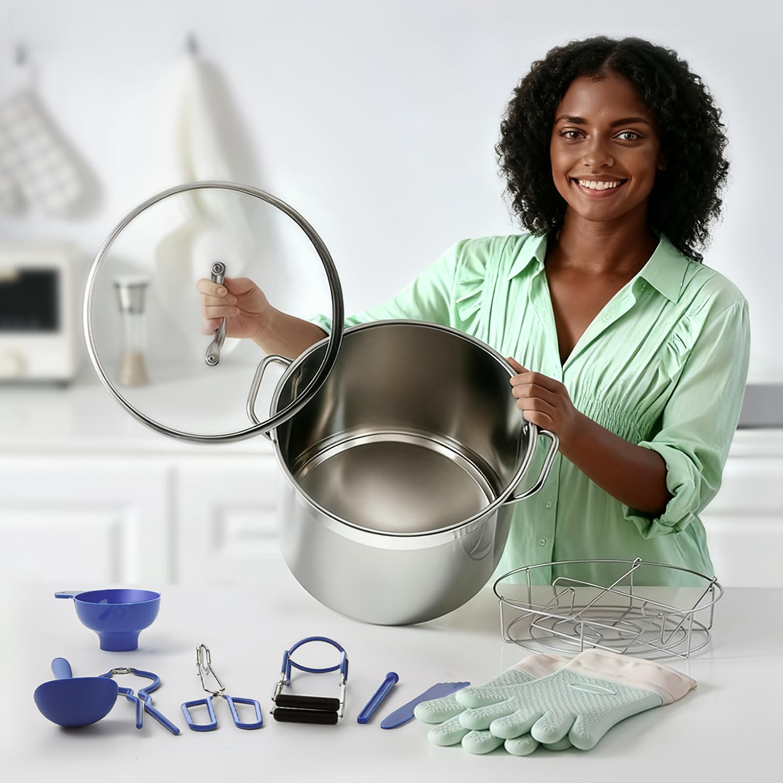 Juego de conservas de acero inoxidable con rejilla y tapa, gran tarro para baño maría, juego completo para principiantes, apto para cocinas de inducción y vitrocerámica (azul, 26 L)