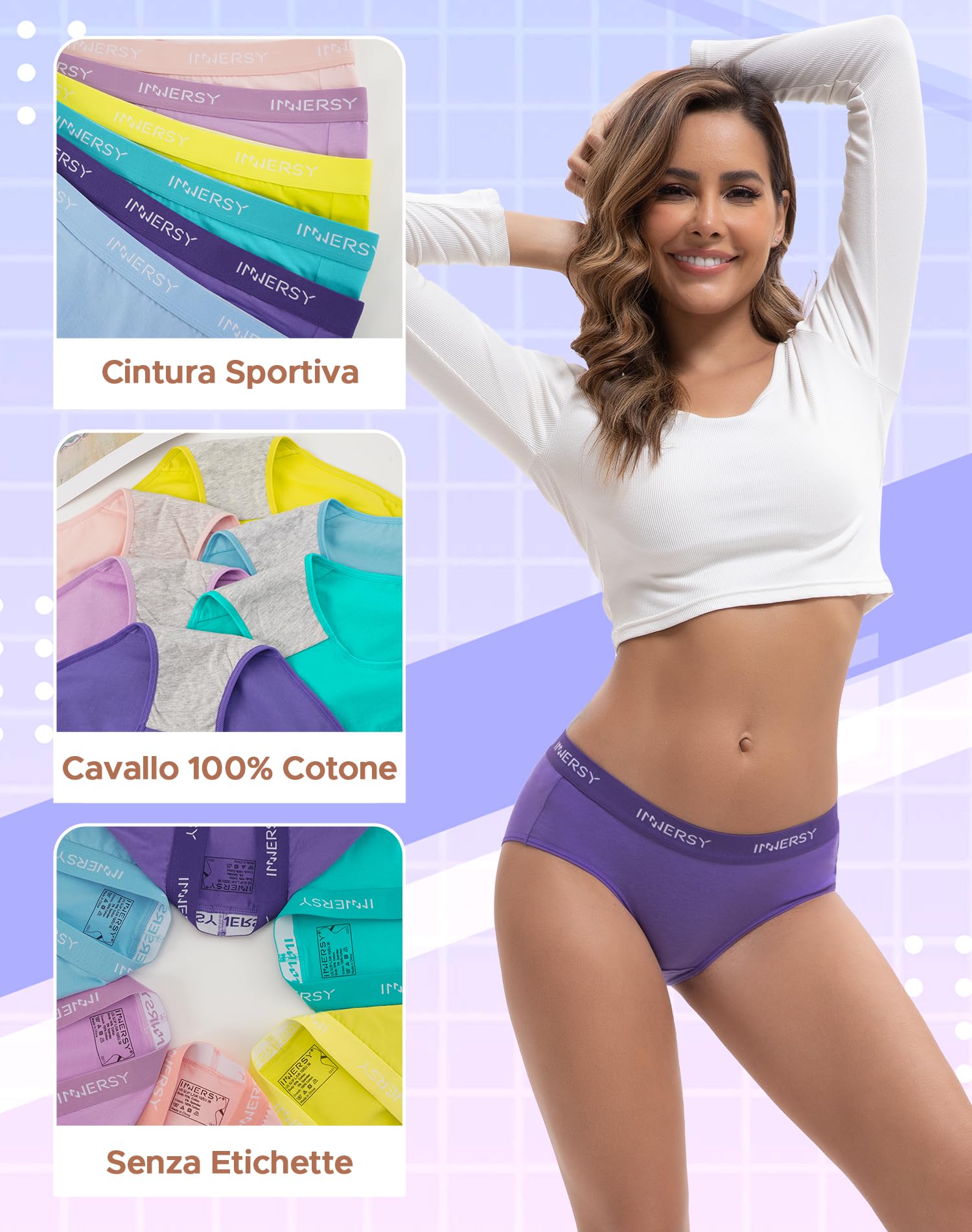 INNERSY Mutande Donna Cotone Slip a Vita Media Intimo Sportivo Culotte Elasticizzato Pacco da 6