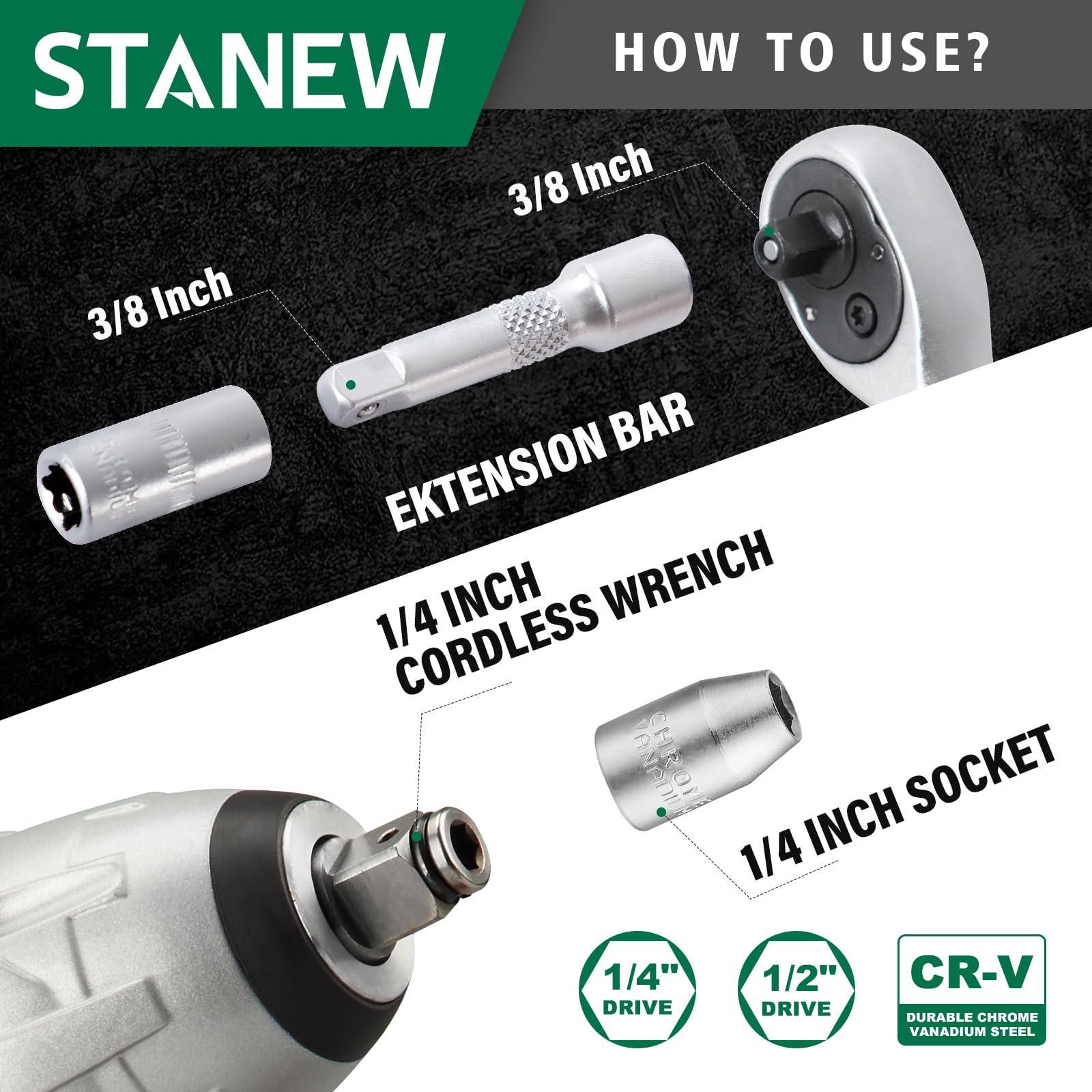STANEW Set di chiavi a bussola Set di utensili da 131 pezzi, Cricchetto 1/4" e 1/2", chiavi a cricchetto doppie con estremità aperta, CR-V, Kit di Attrezzi Meccanici per Auto