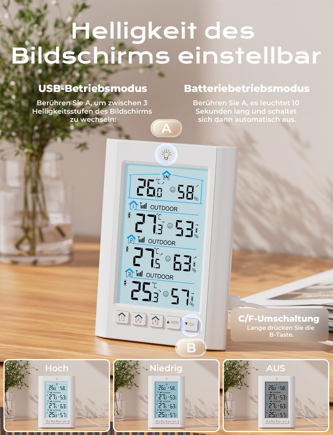 LIORQUE Funk Wetterstation mit 3 Außensensoren Digitales Thermometer Hygrometer Innen Funkwetterstation mit 100 m Reichweitensensor Thermo-Hygrometer für Gewächshaus Weinkeller