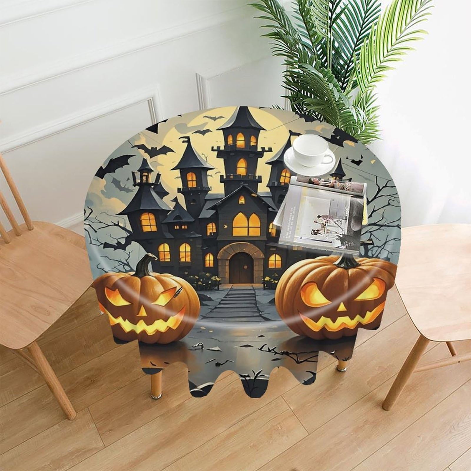 FekiLoot Pumpkin Lantern Castle Round Tablecloth Cover 60 Inch Wrinkle Free Washable Polyester Fabric Table Cover Decorative Round Table Cloth for Home Dining Kitchen Party Farmhouse