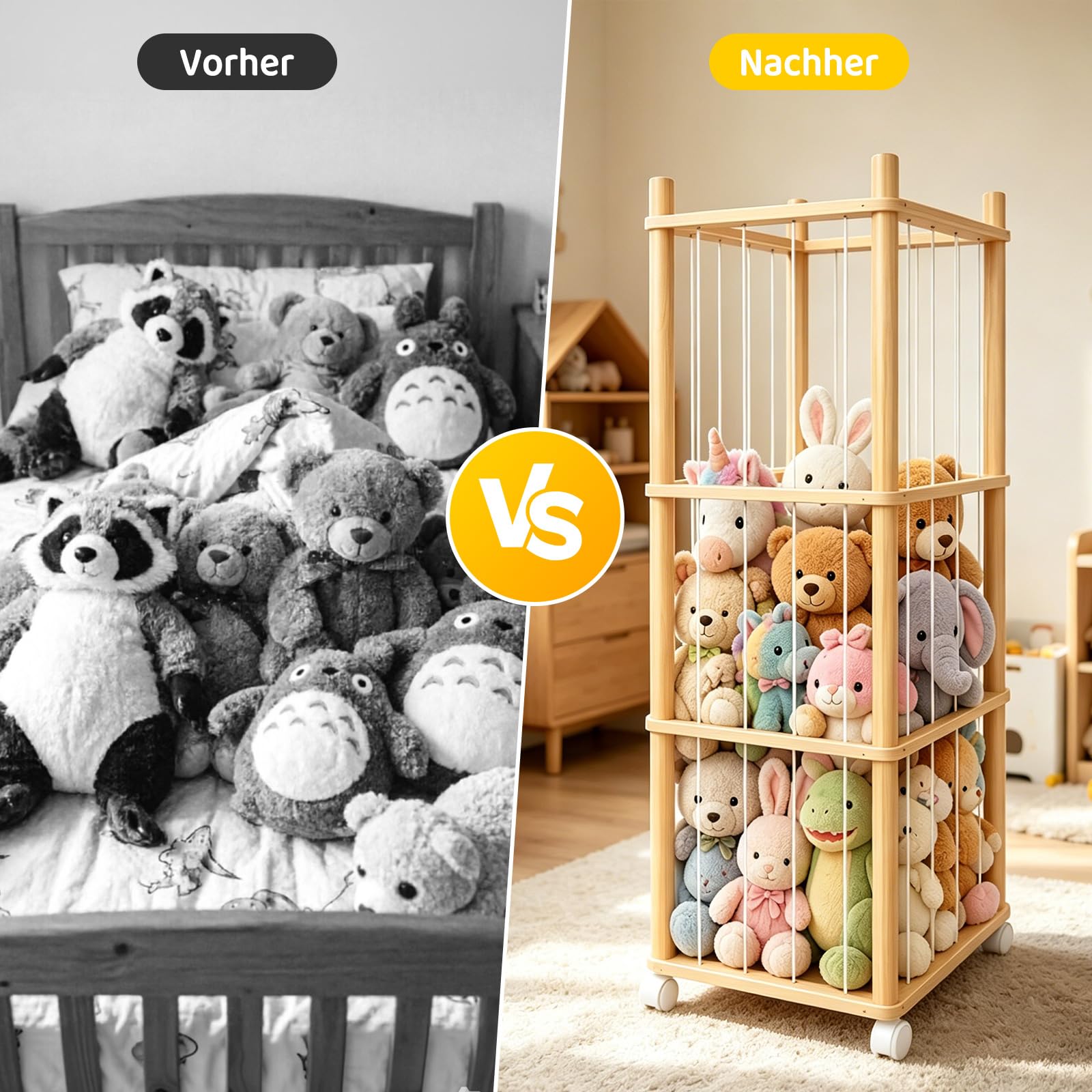Kuscheltier Aufbewahrung, Stofftier Aufbewahrung mit 360°Drehrollen, Elastischem Band & Verbreiterter Sockel für Kinderzimmer Spielzimmer Schlafzimmer