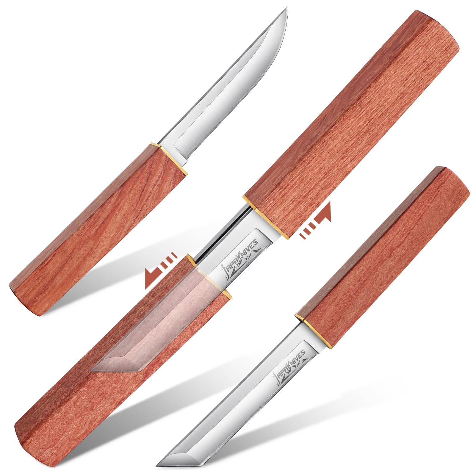 Japaknives Couteau à lame fixe pour l'extérieur 2 en 1 Couteau double en acier D2 Couteau de survie Couteau japonais Tanto pour le camping, la randonnée Cadeaux pour hommes