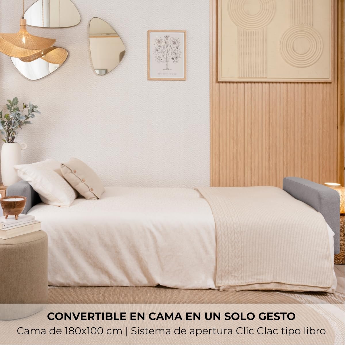 Don Descanso, Sofá Cama 3 plazas Reine, Tapizado en Tela, Sistema Apertura de Libro o Clic-clac, Medida sofá: 206x73x80cm, Medida Cama: 180x100cm, Incluye 2 Cojines, Gris Claro