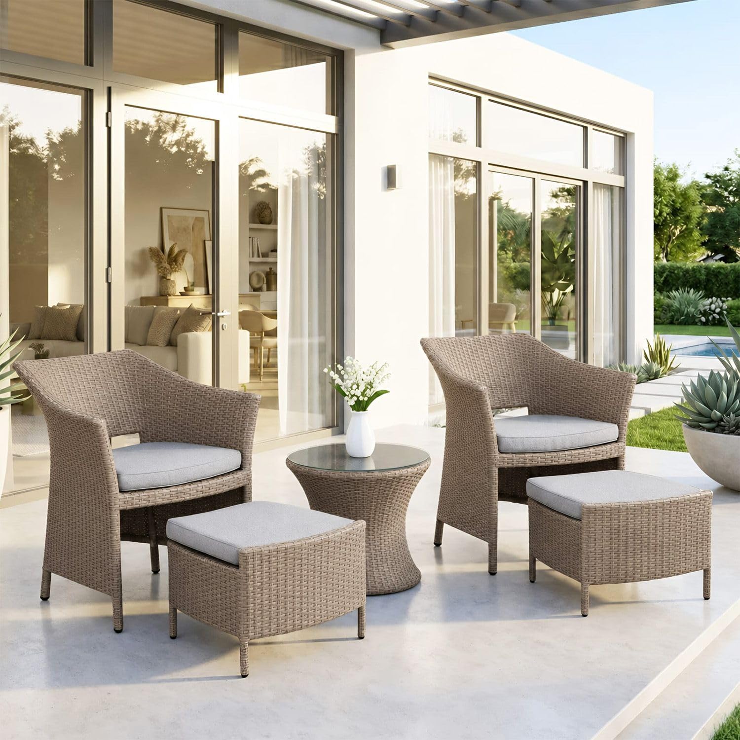 DEVOKO Outdoor 5 Pieces Wicker Rattan Patio Conversation Set with Cushioned Patio Chairs, Ottoman Set & Glass Side Table for Garden, Lawn, Pool, Balcony (Coffee Brown and Grey)